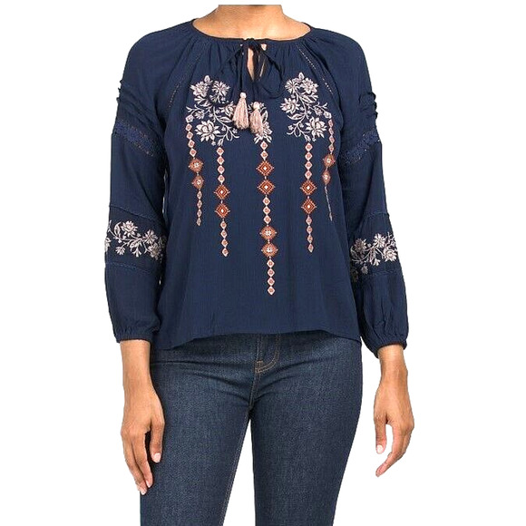 NWT Womens Liv Los Angeles Blue Boho Floral Embroidered Tassel Short Sleeve Top - Picture 8 of 8
